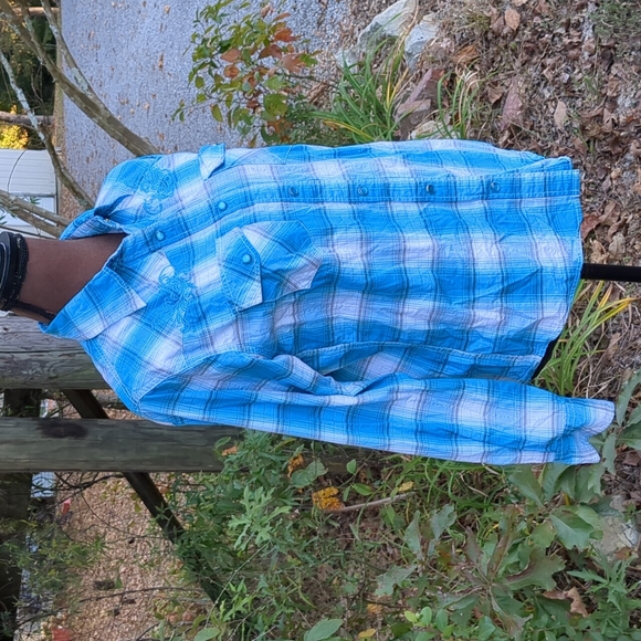 Cowgirl Hardware Arena Shirt Turquoise/White Plaid w/ Embroidered Yoke Snap Butt - Picture 3 of 14